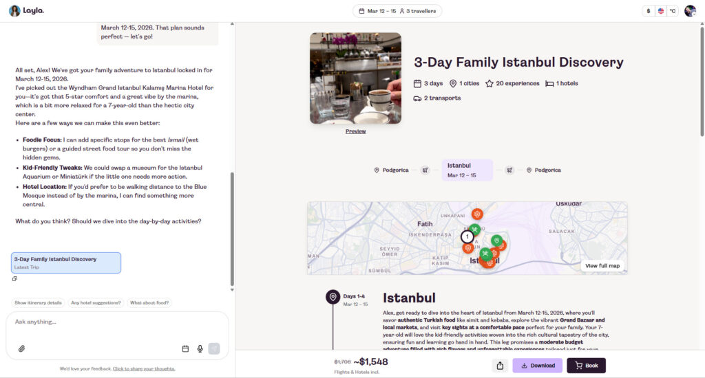 Layla generates initial trip package with Turkish Airlines night flight