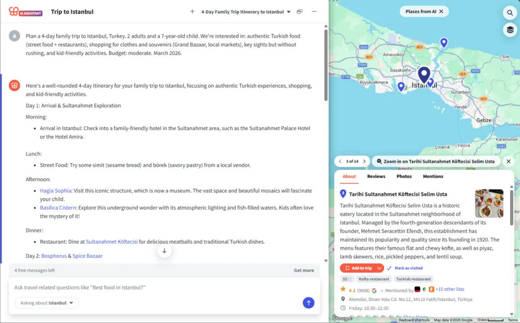 Wanderlog AI chat generating a 4-day Istanbul family itinerary with map pins and a place card.