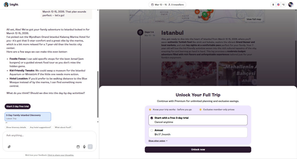 Layla paywall showing trial and Premium options
