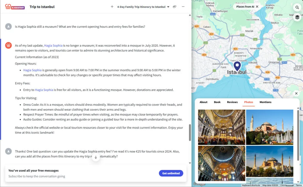 Wanderlog AI answering a Hagia Sophia question with hours, a free-entry claim, map, and place photos.