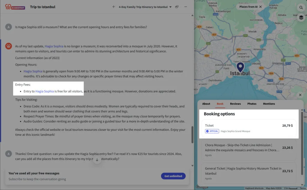 Wanderlog AI says Hagia Sophia entry is free while the booking tab shows a $28.79 ticket option.