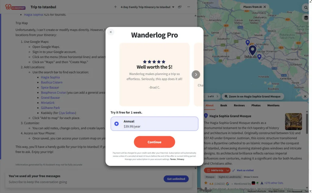 Wanderlog Pro paywall after free AI messages, showing a $39.99/year plan over an Istanbul trip map.
