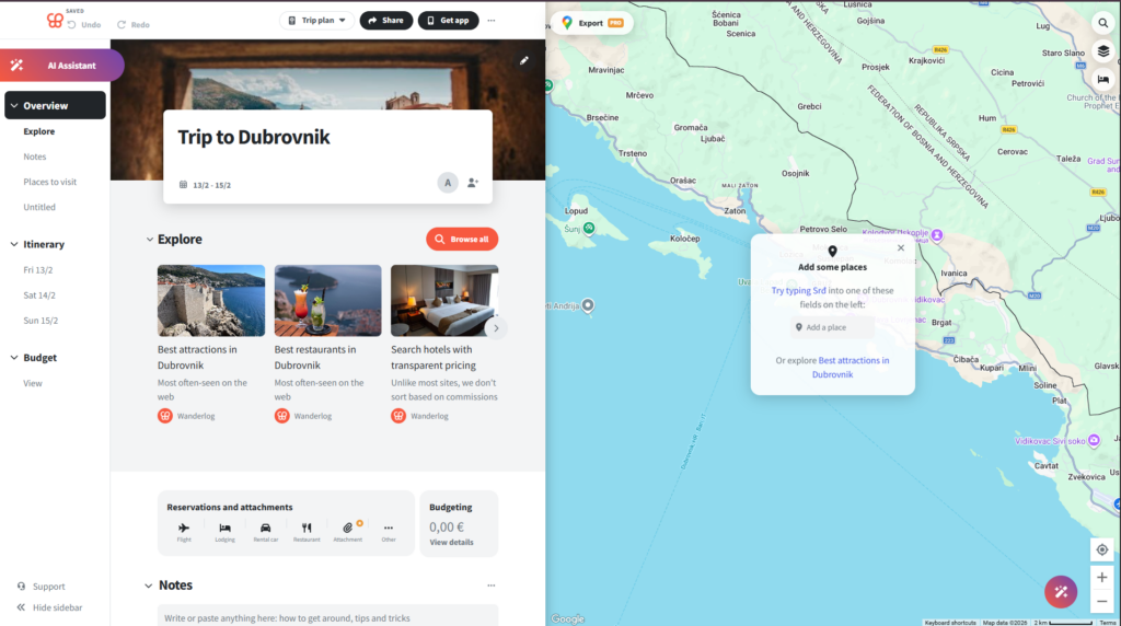 AI travel planner map and budget in Wanderlog