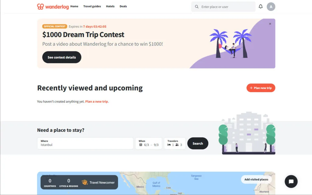 Wanderlog review homepage showing the trip dashboard, hotel search, visited countries map, and Dream Trip banner.
