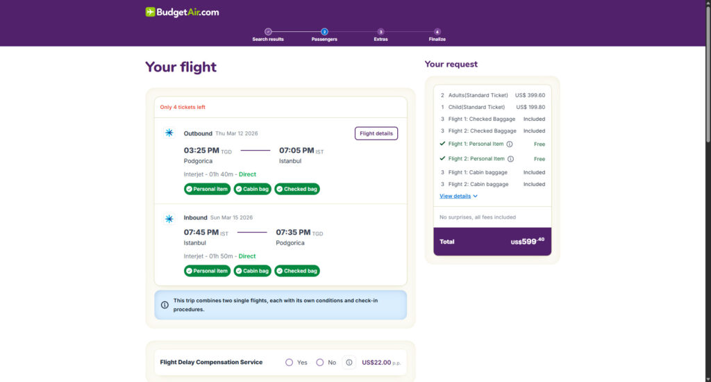 BudgetAir booking page with real purchasable tickets