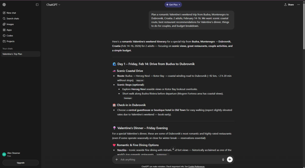 ChatGPT travel itinerary — Day 1 scenic drive Budva to Dubrovnik with Valentine's dinner recommendations -ai trip planner