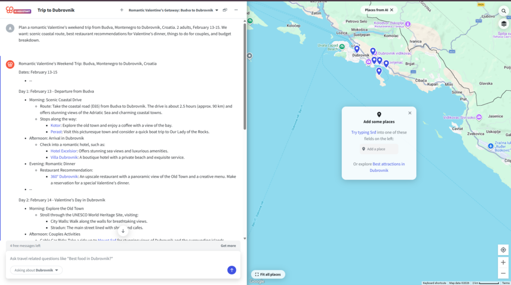 Wanderlog review — AI assistant Dubrovnik itinerary with interactive map and day plan