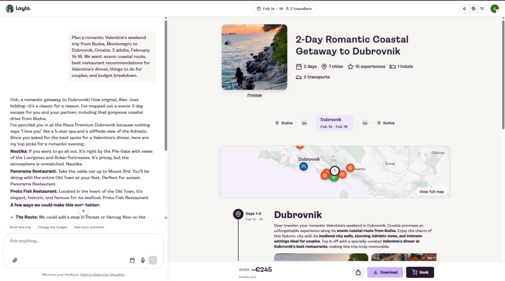 Layla AI review — 2-day romantic coastal getaway Budva to Dubrovnik with route map and hotel review
