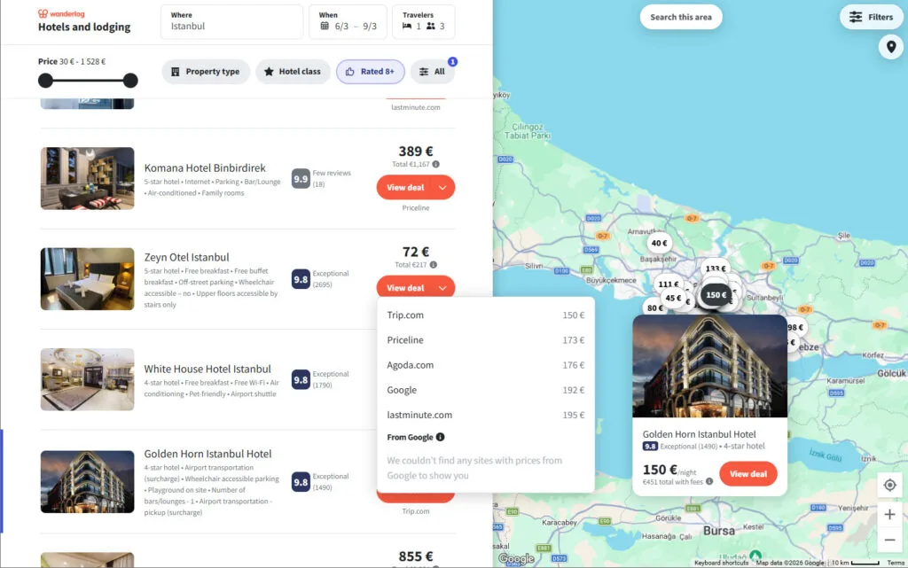 Wanderlog hotel search for Istanbul with filters, ratings, map pins, and prices across booking platforms.