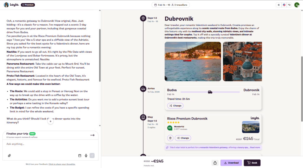 Layla AI trip planner — Rixos Premium Dubrovnik hotel €245 with booking button review