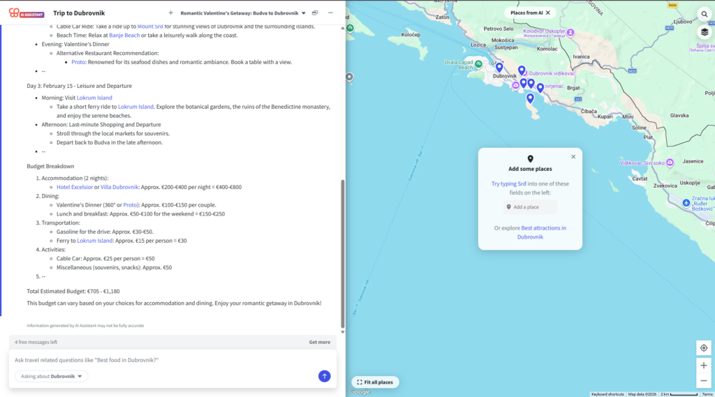 Wanderlog AI assistant review — Dubrovnik trip budget breakdown €705 to €1180 total