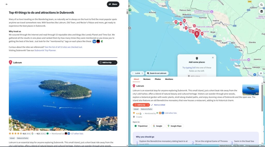 Wanderlog — top 49 things to do in Dubrovnik with Lokrum island detail and ratings
