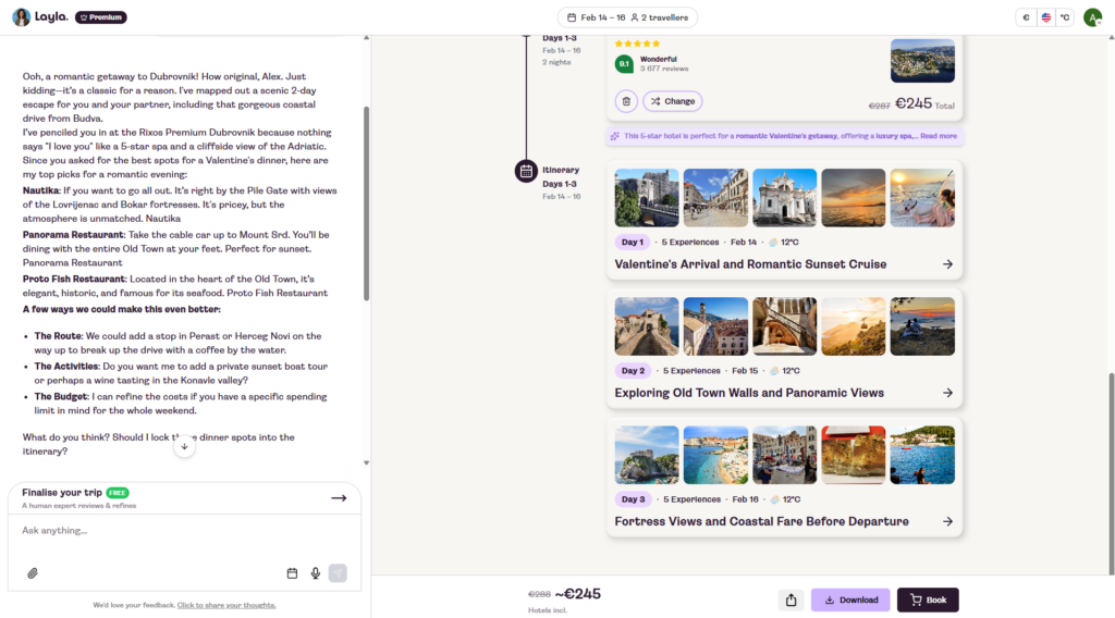 Layla AI review — full 3-day Dubrovnik itinerary with photos, map, and daily plans