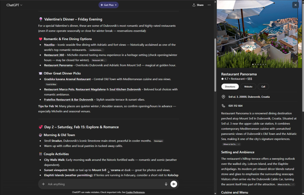 ChatGPT Valentine's dinner list — Nautika, Restaurant 360, Panorama with Google Maps sidebar - ai trip planner