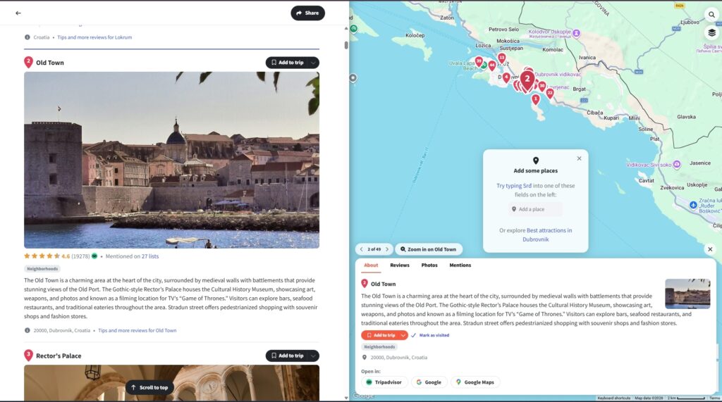Wanderlog review — Dubrovnik Old Town place card with 4.6 rating and map