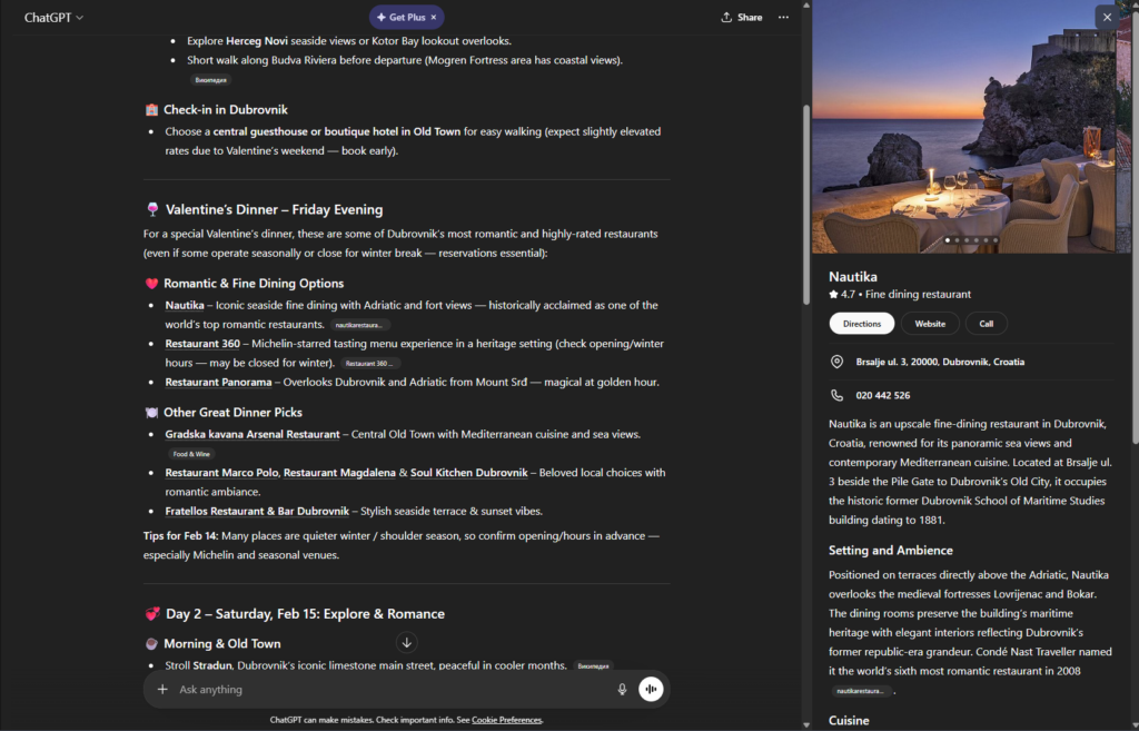 ChatGPT Dubrovnik restaurant recommendations with Nautika fine dining details sidebar - ai trip planner