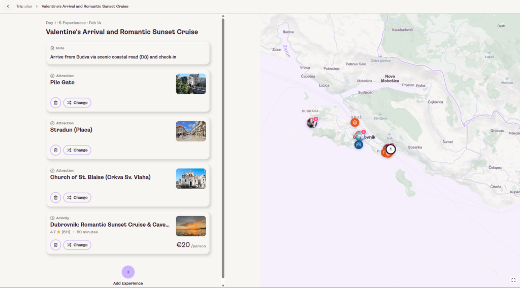 Layla AI itinerary Day 1 — Pile Gate, Stradun, and romantic sunset cruise in Dubrovnik review