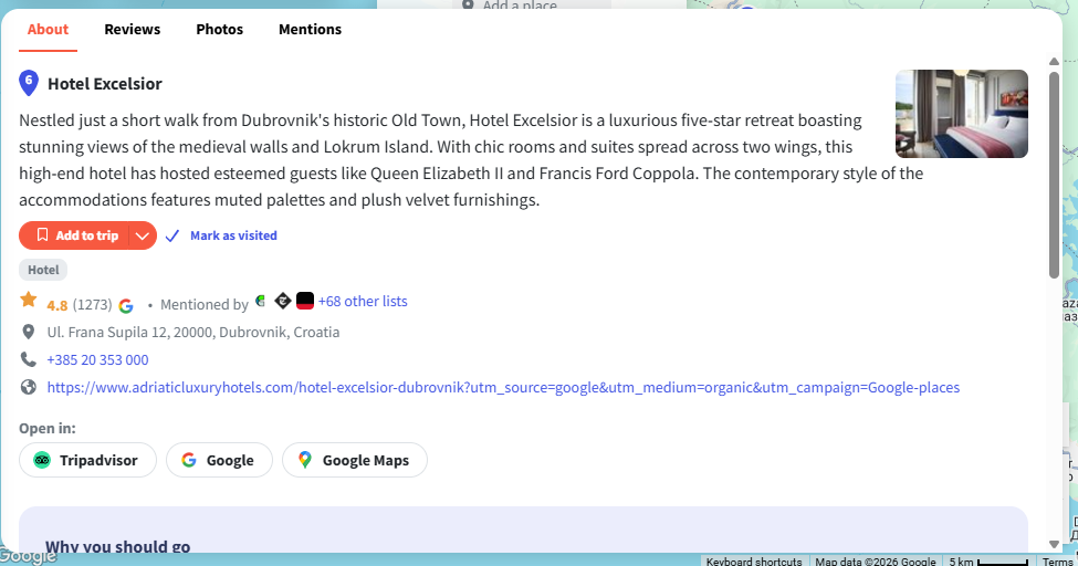 Wanderlog — Hotel Excelsior Dubrovnik details with 4.8 rating and booking links
