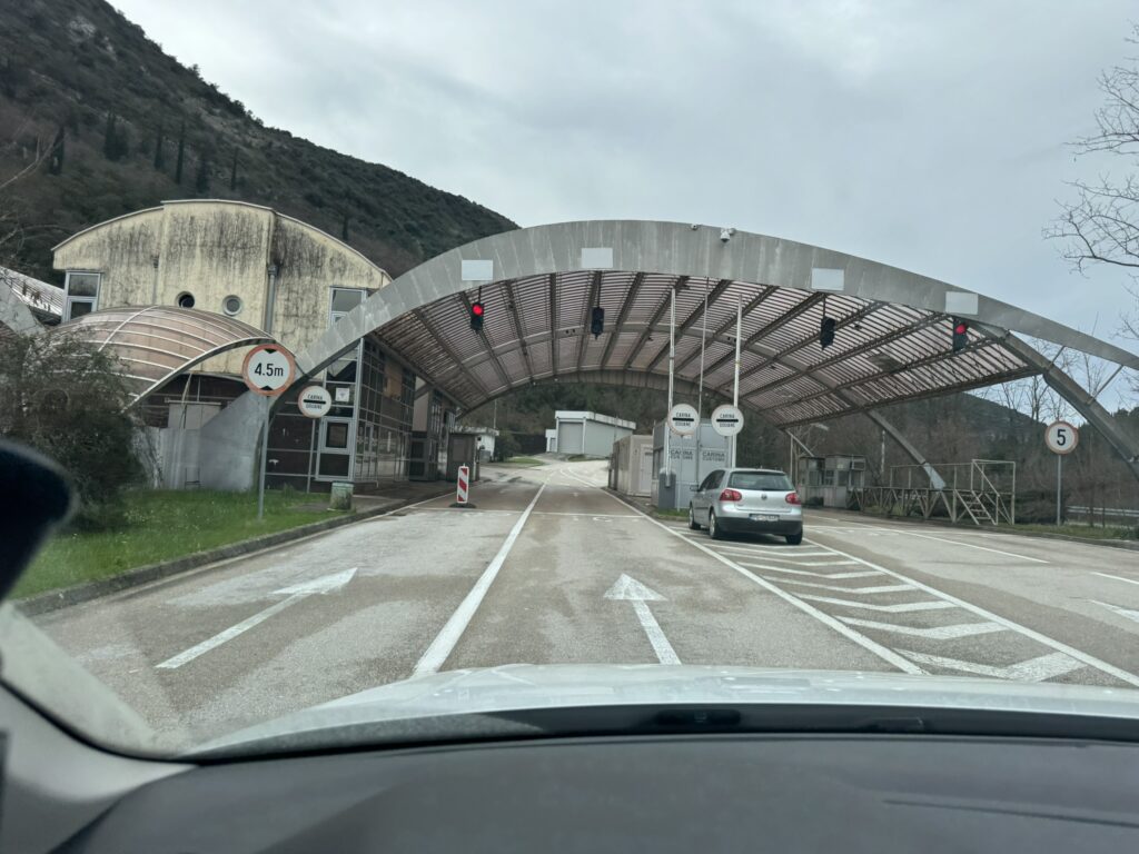 Debeli Brijeg border crossing Montenegro to Croatia — nearly empty checkpoint in February