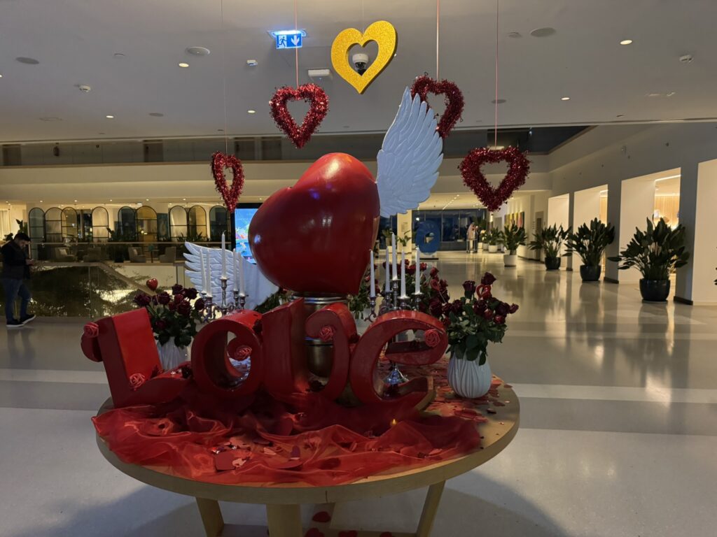 Rixos Premium Dubrovnik Valentine's Day lobby decoration — LOVE sign, hearts, roses