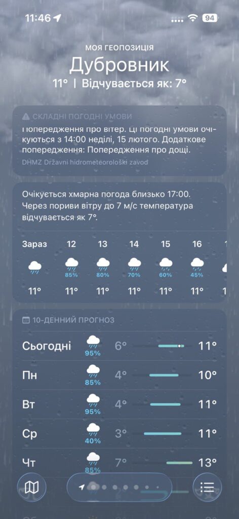 Weather app screenshot Dubrovnik February — rain 80-95% chance, temperature 11°C all week