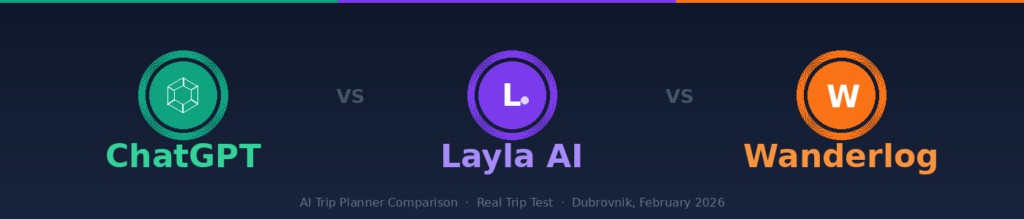 ChatGPT vs Layla AI vs Wanderlog — AI trip planner comparison banner for real trip test