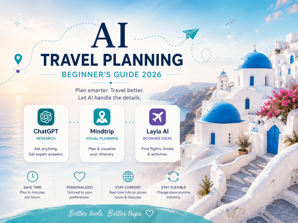 AI travel planning beginner's guide 2026 graphic showing ChatGPT, Mindtrip, and Layla AI in a Santorini-inspired travel workflow.