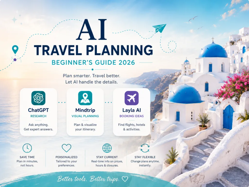AI travel planning beginner's guide 2026 graphic showing ChatGPT, Mindtrip, and Layla AI in a Santorini-inspired travel workflow.