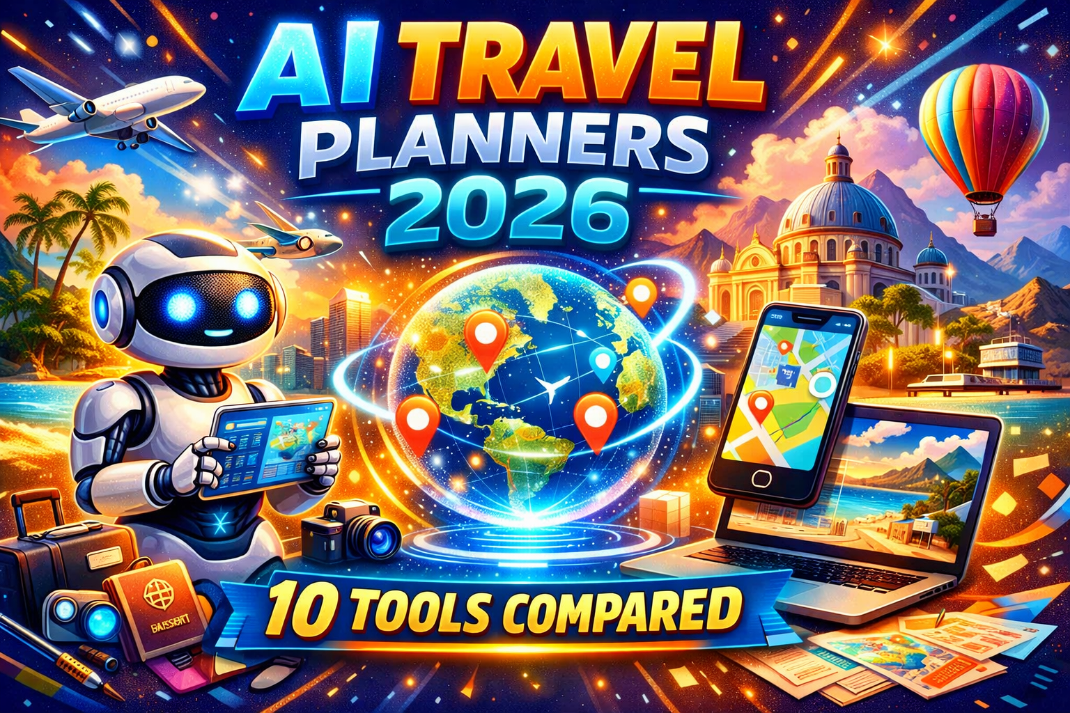 Best AI trip planner tools 2026 — robot assistant with globe, maps and travel planning apps compared