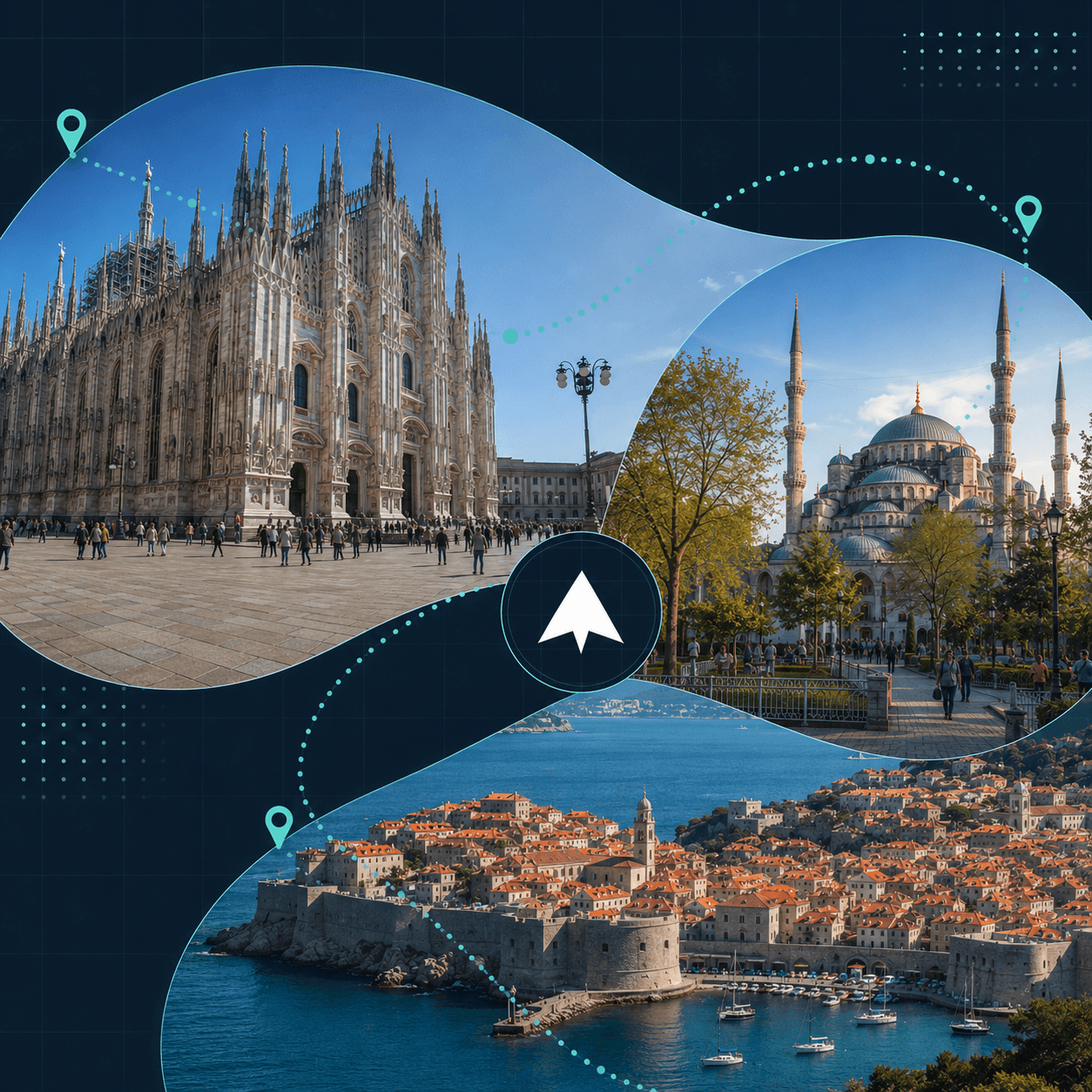 Best AI travel planners 2026 collage with Milan, Istanbul, and Dubrovnik connected by an AI travel route
