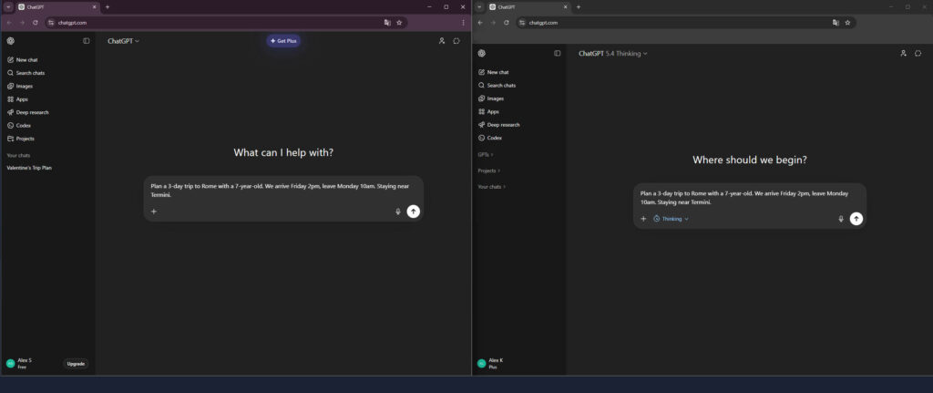 ChatGPT travel planner Free vs Plus comparison for Rome itinerary
Description: Side-by-side comparison showing Free version is faster but Plus checks official opening hours and warns about Sunday closures.