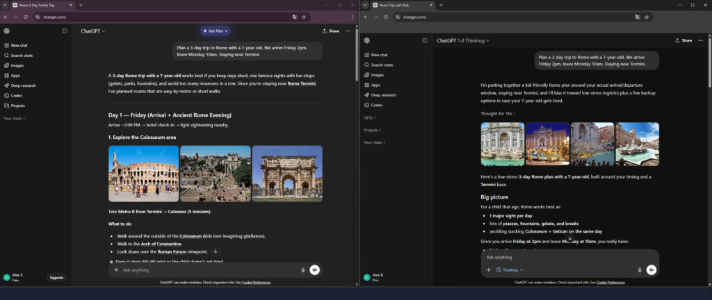 ChatGPT travel planner Free vs Plus comparison for Rome itinerary
Description: Side-by-side comparison showing Free version is faster but Plus checks official opening hours and warns about Sunday closures.