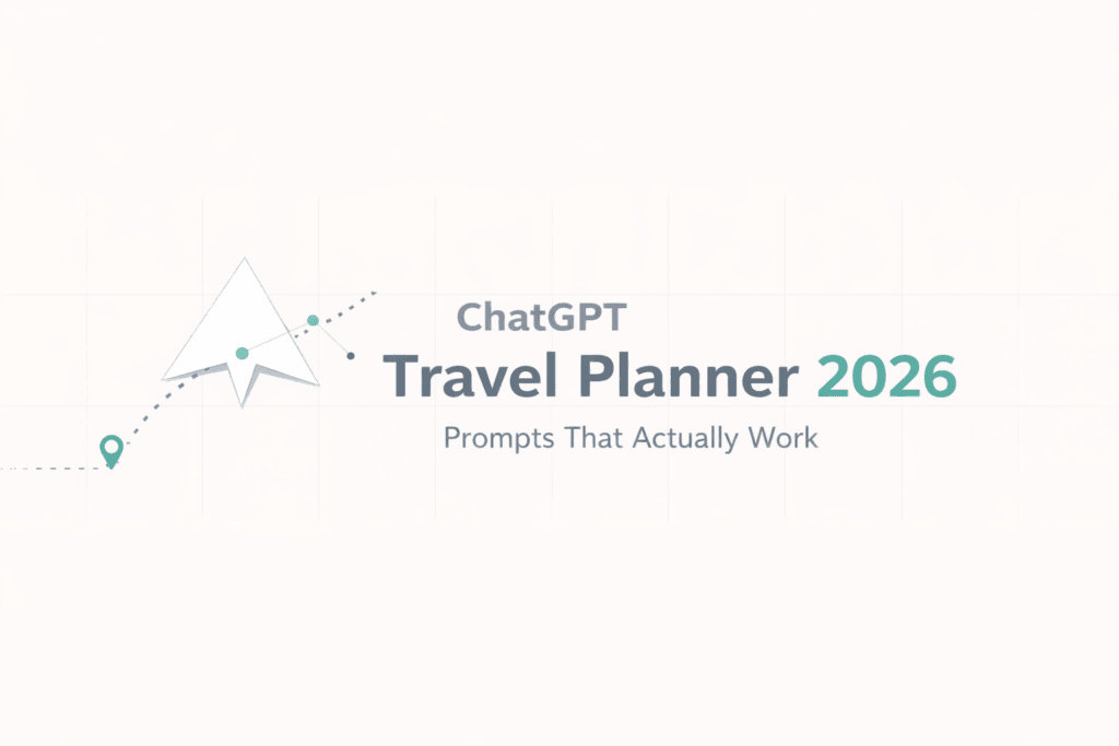 ChatGPT travel planner guide graphic showing a route line, paper plane, and AI travel planning workflow for 2026.