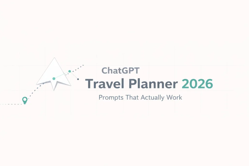 ChatGPT travel planner guide graphic showing a route line, paper plane, and AI travel planning workflow for 2026.