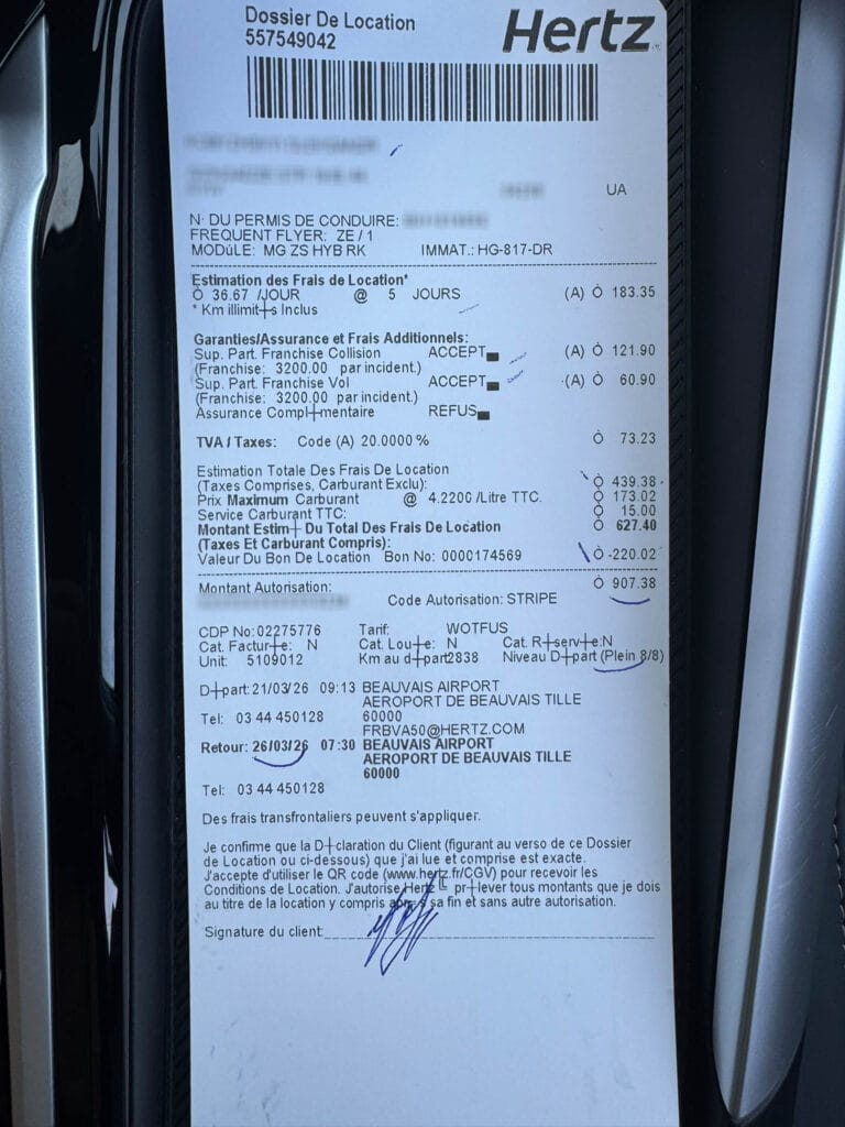 Hertz rental car agreement for a France road trip family car hire in Beauvais.