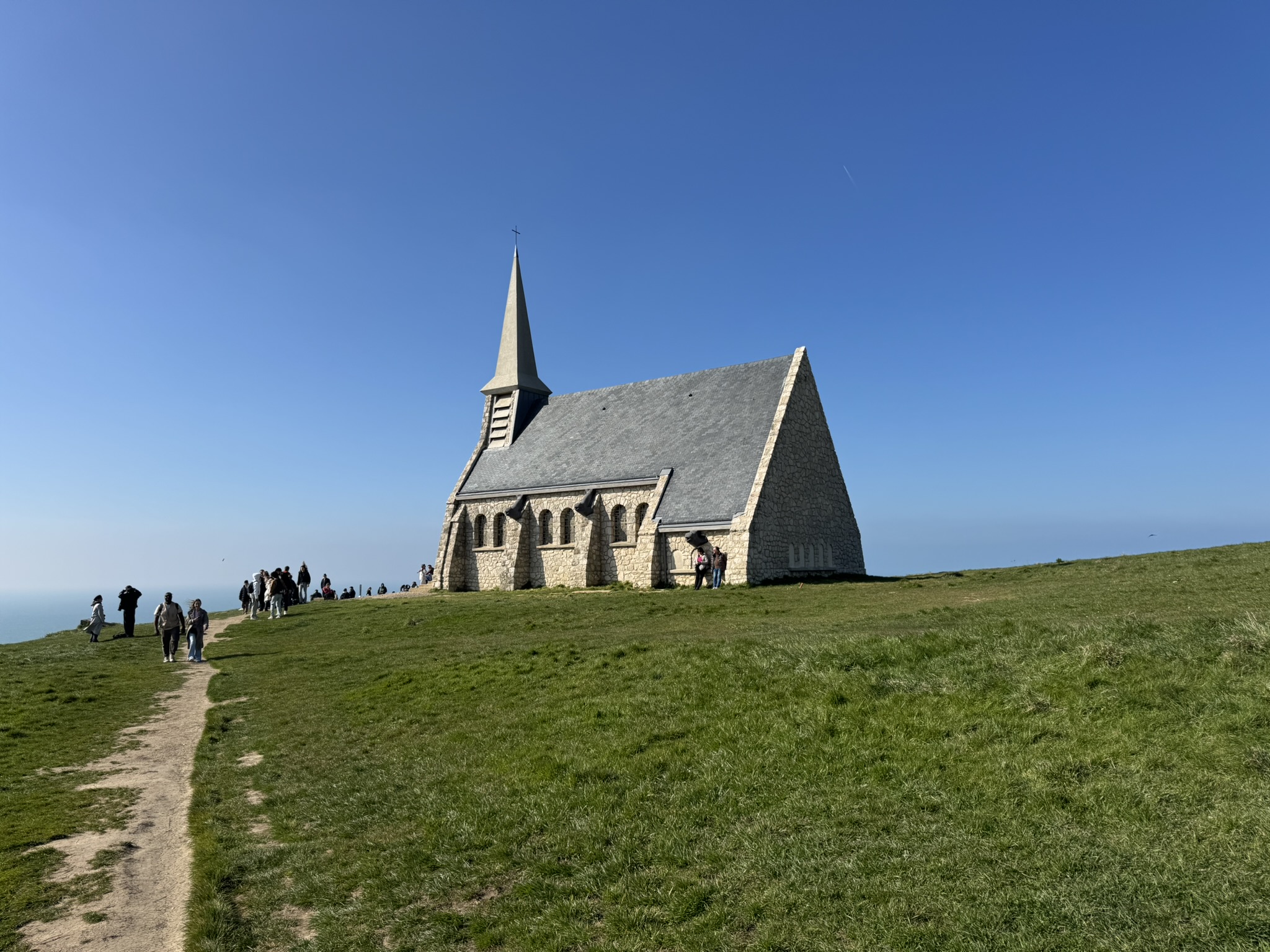 Chapelle Notre-Dame de la Garde above Etretat cliffs on a France road trip