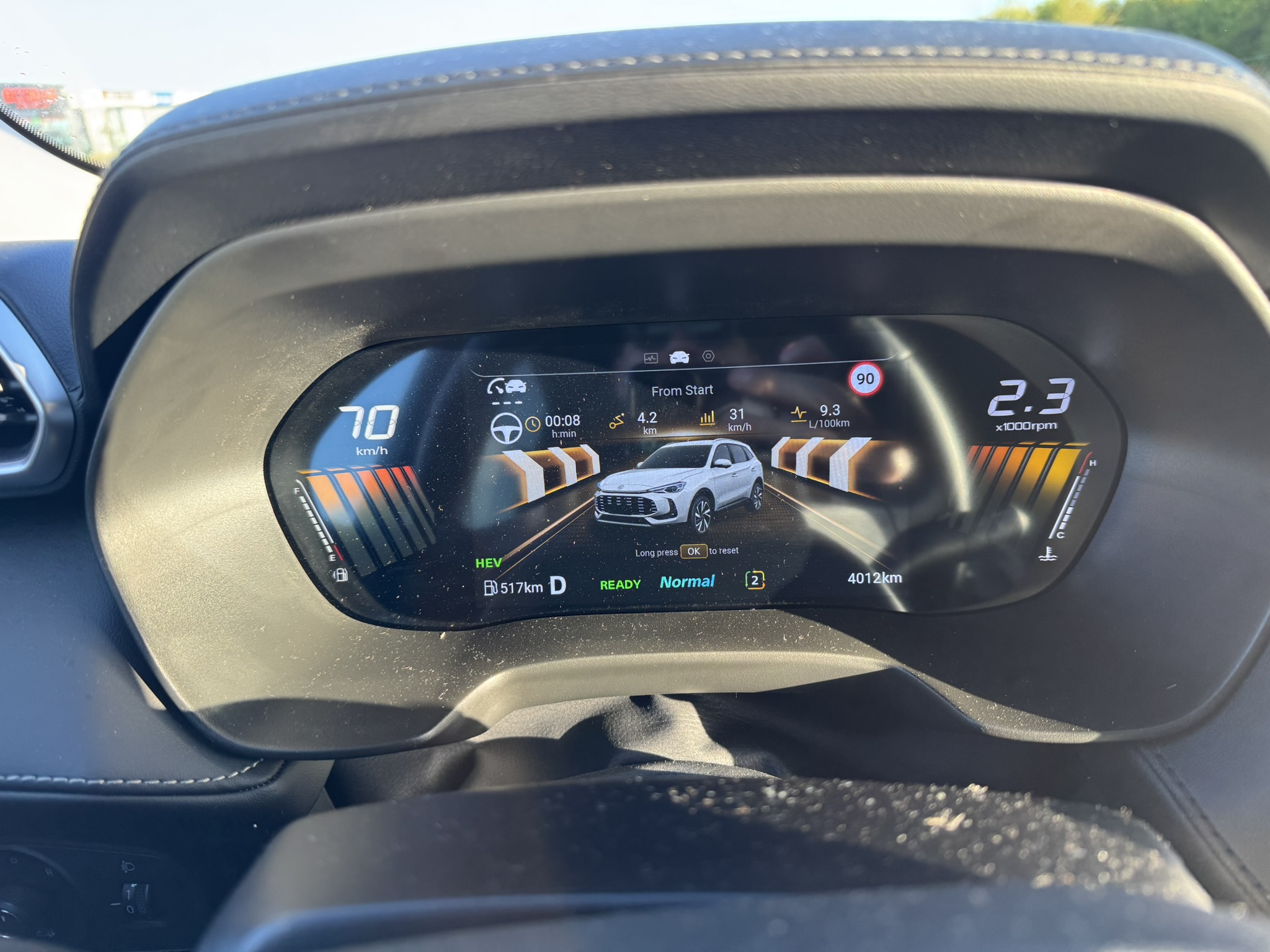 MG ZS Hybrid dashboard showing near zero fuel range during a France road trip fuel scare