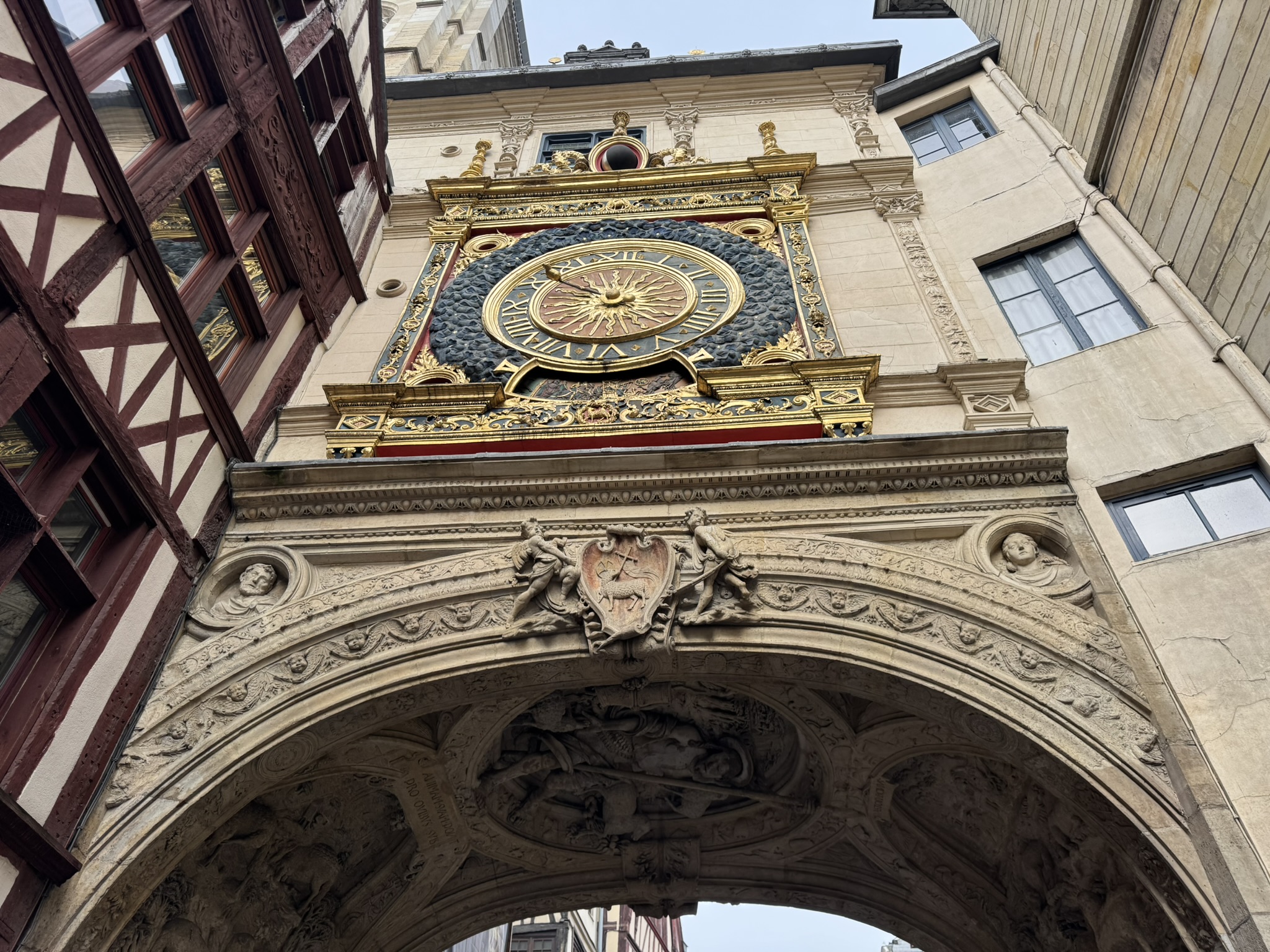 Gros Horloge clock in Rouen old town during a France road trip