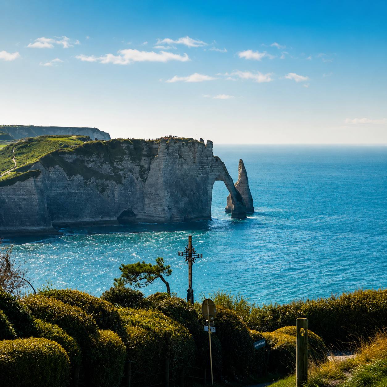 Étretat cliffs and sea arch on the Normandy coast with blue sea and coastal greenery.