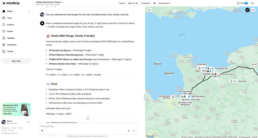 Mindtrip showing a family trip budget breakdown with hotels, fuel, tolls, food, activities, and a route map.