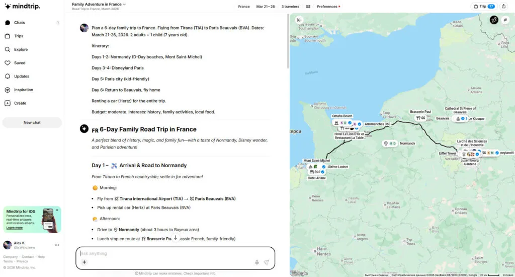 Mindtrip showing day 1 of a Paris family itinerary with arrival, Eiffel Tower stop, dinner plan, and route map.
