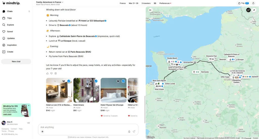 Mindtrip showing the final day of a family itinerary with activity cards, recommendations, and a map.