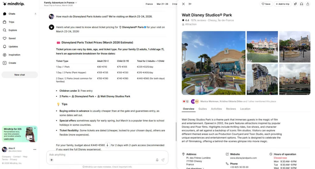 Mindtrip estimating Disneyland Paris ticket prices with a Walt Disney Studios Park place card.