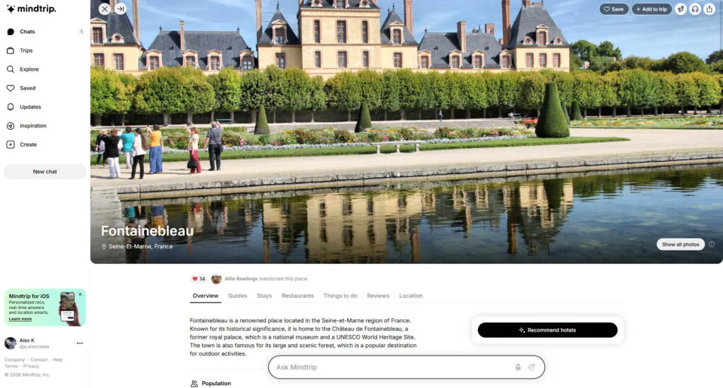 Mindtrip showing the main Fontainebleau place card with a palace photo, tabs, and hotel recommendation button.