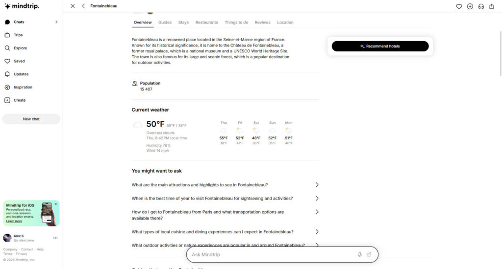 Fontainebleau location card with weather forecast