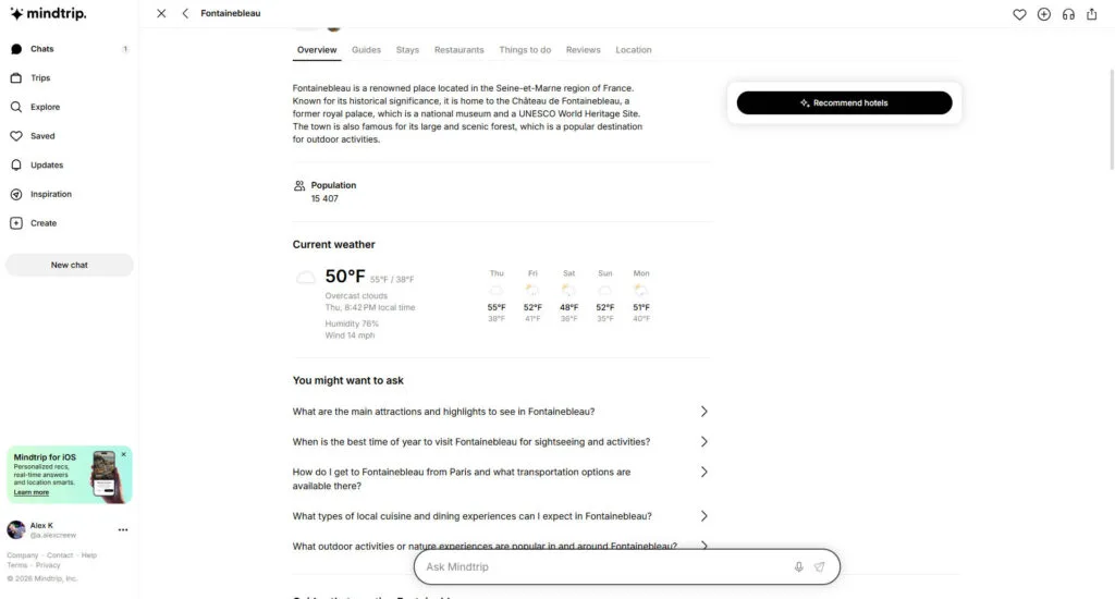 Mindtrip Fontainebleau overview tab with description, weather, suggested questions, and hotel button.