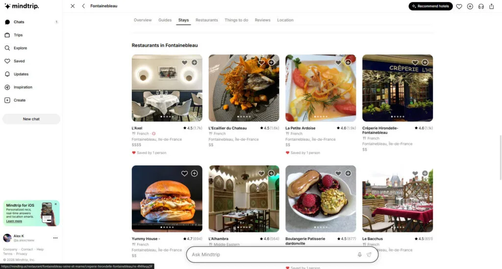 Mindtrip showing Fontainebleau restaurant recommendations with photos, ratings, cuisines, and prices.