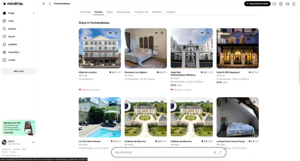 Mindtrip showing Fontainebleau hotel and stay recommendations with photos, ratings, and prices.
