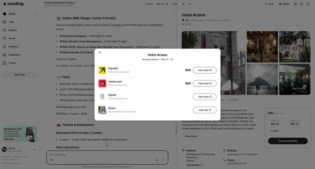Hotel booking popup showing Expedia Hotels.com Agoda prices