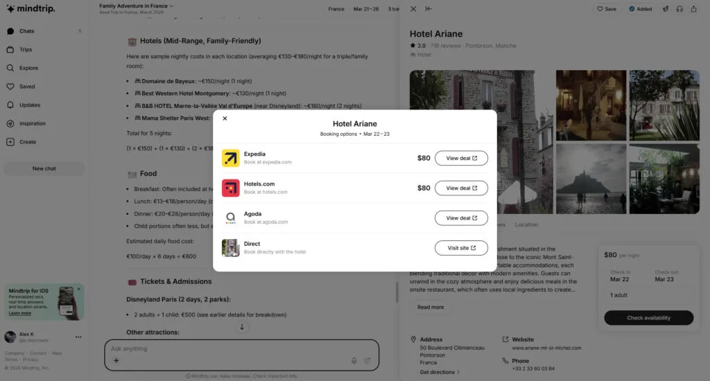 Mindtrip showing a hotel booking popup with live deal links from Expedia, Hotels.com, Agoda, and Travel Up.